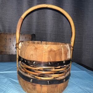 Antique Rustic Primitive Wooden Basket with Handle Woven Accents